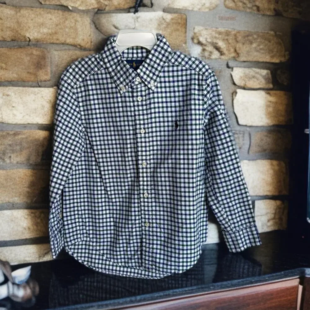 Ralph Lauren Boys Shirt 5 Button‎ Down Dress Navy Blue White Forest Green Plaid